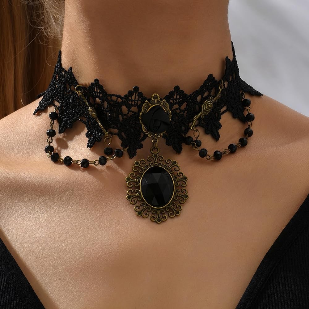 Fashion Prom Women Vintage Black Halloween Tassels Lace Choker Necklace Shinny B