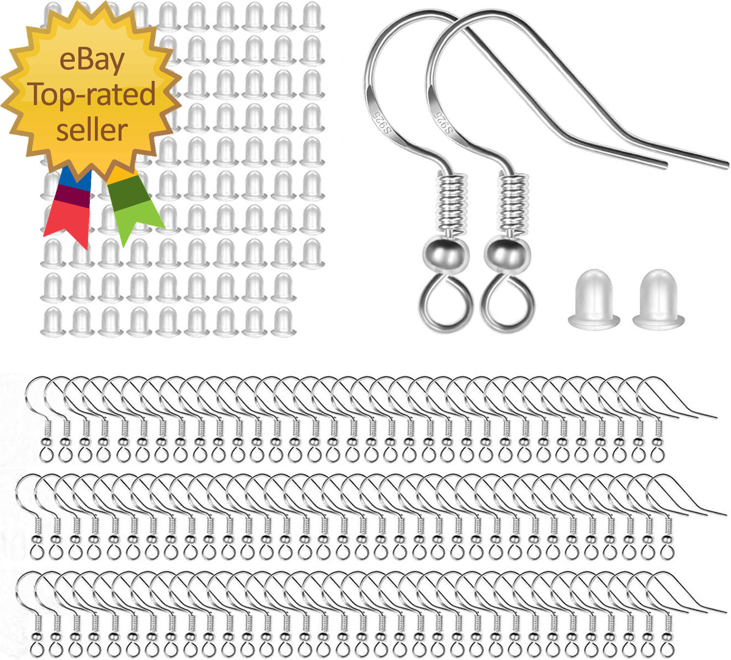 100 PCS / 50 Pairs 925 Sterling Silver Earring Hooks, Hook Ear Wires with 100 PC