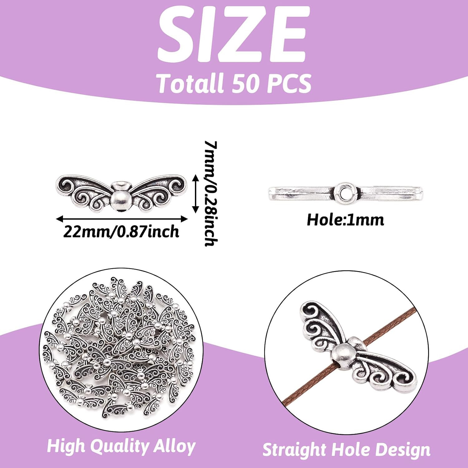 50Pcs Antique Silver Dragonfly Wing Spacer Charm Beads 7X22Mm Tibetan Detailed C