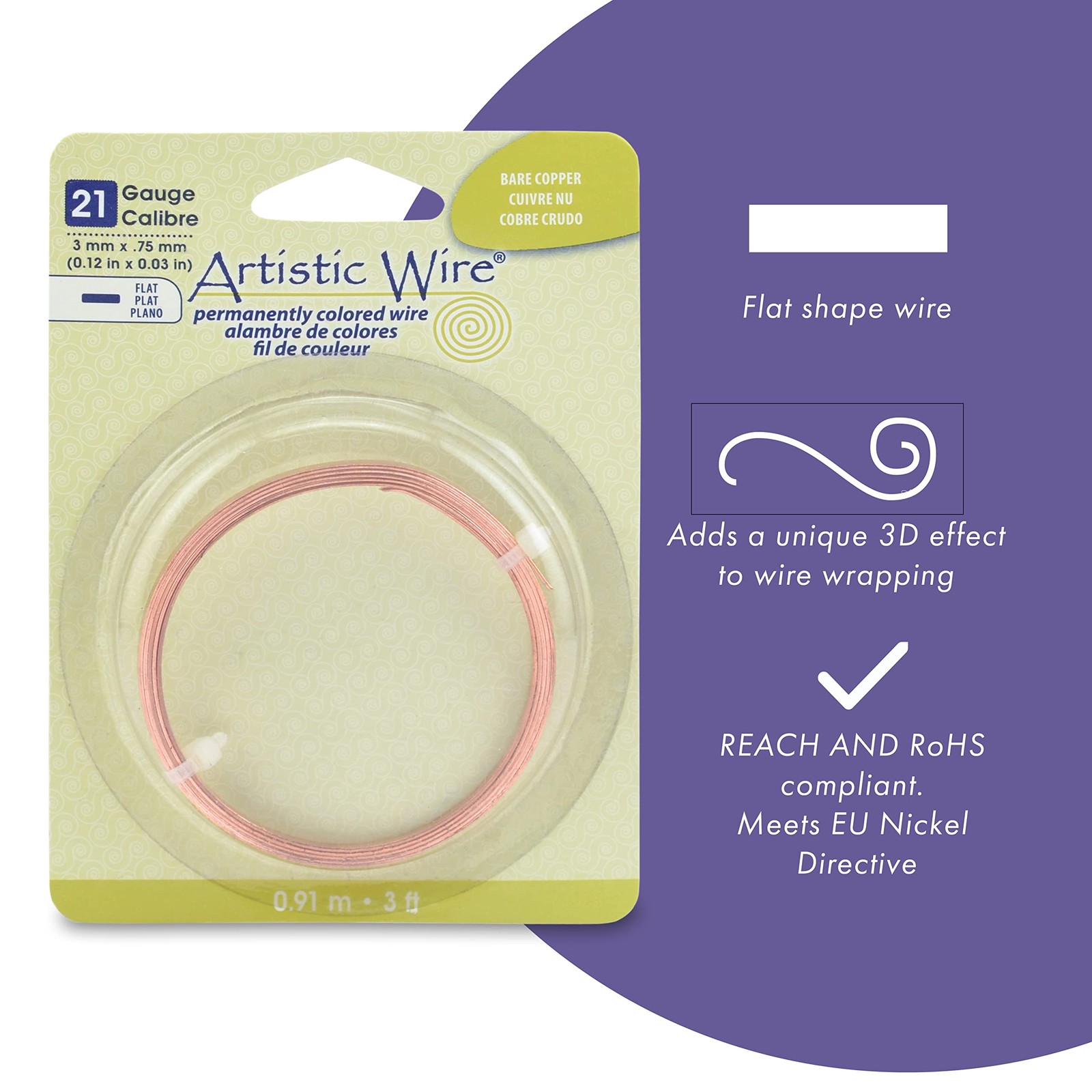 Artistic Wire, 21 Gauge, Flat, 3 mm 3 x .75 / 0.12 in x 0.03 in, Copper