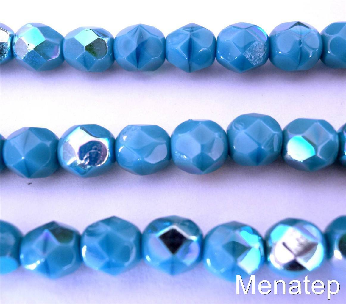 25 6 mm Czech Glass Fire Polished Beads: Sleeping Beauty Turquoise AB