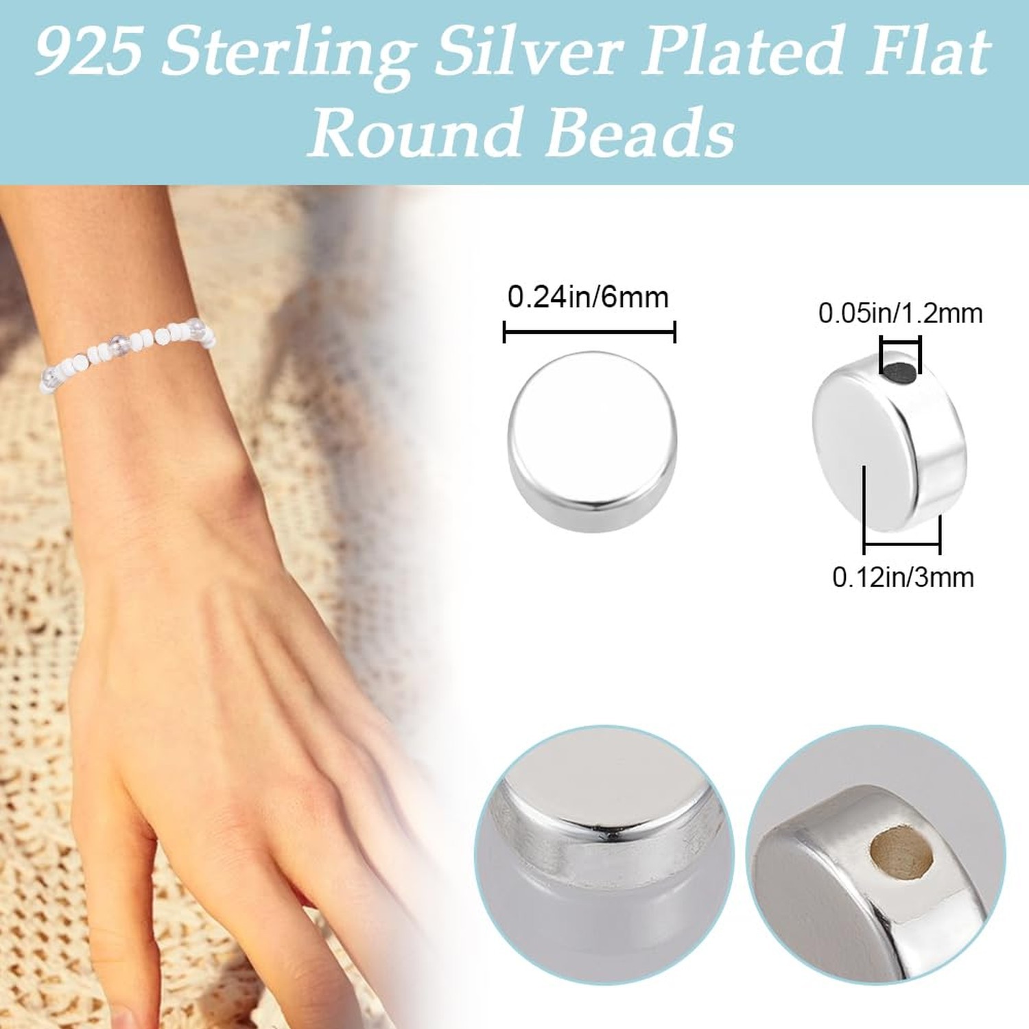 Beebeecraft 1 Box 50Pcs 925 Sterling Silver Plated Brass Coin Beads Flat Roun…