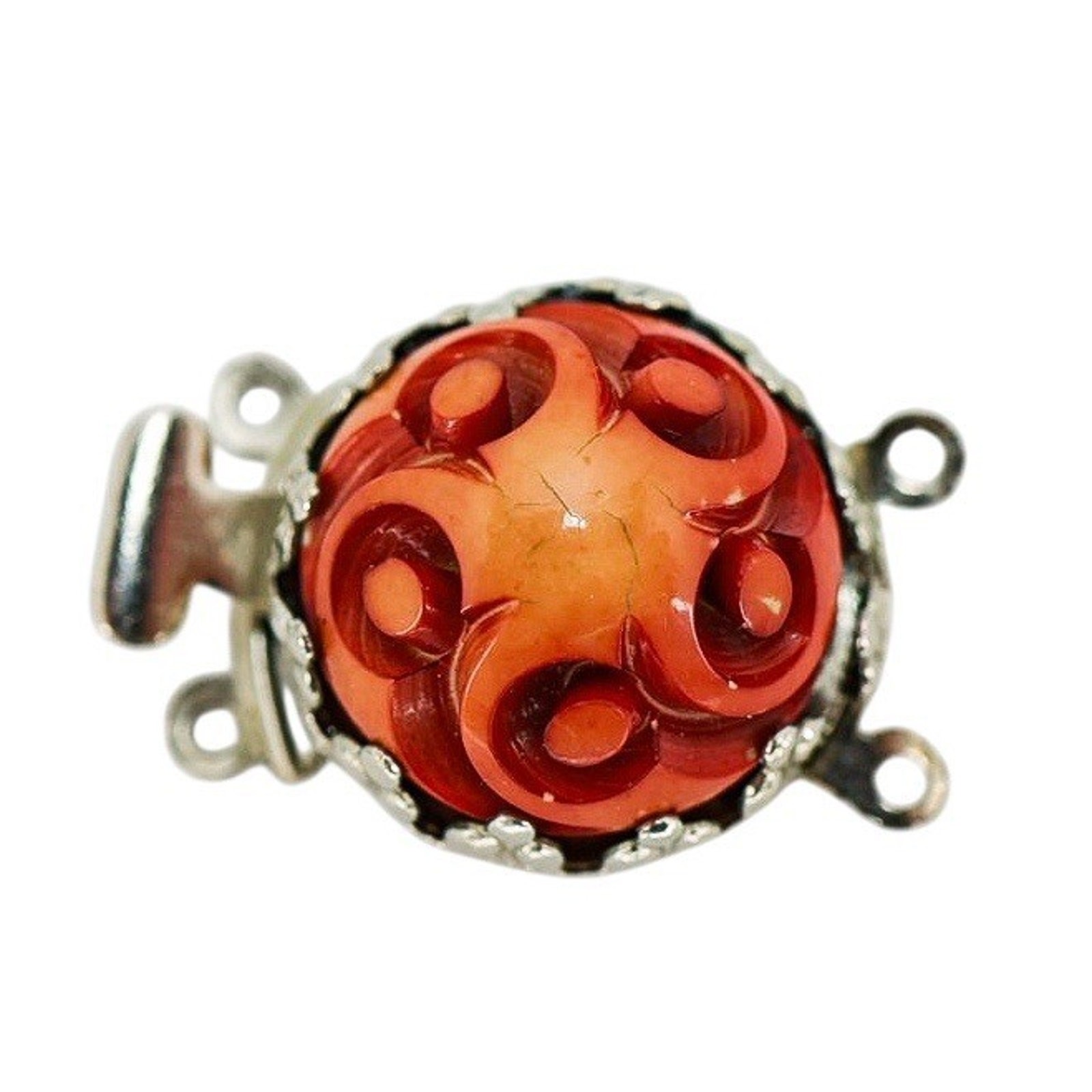 Vintage Red Carved Galalith Metal Box Clasp Made in Austria For 2 Strand
