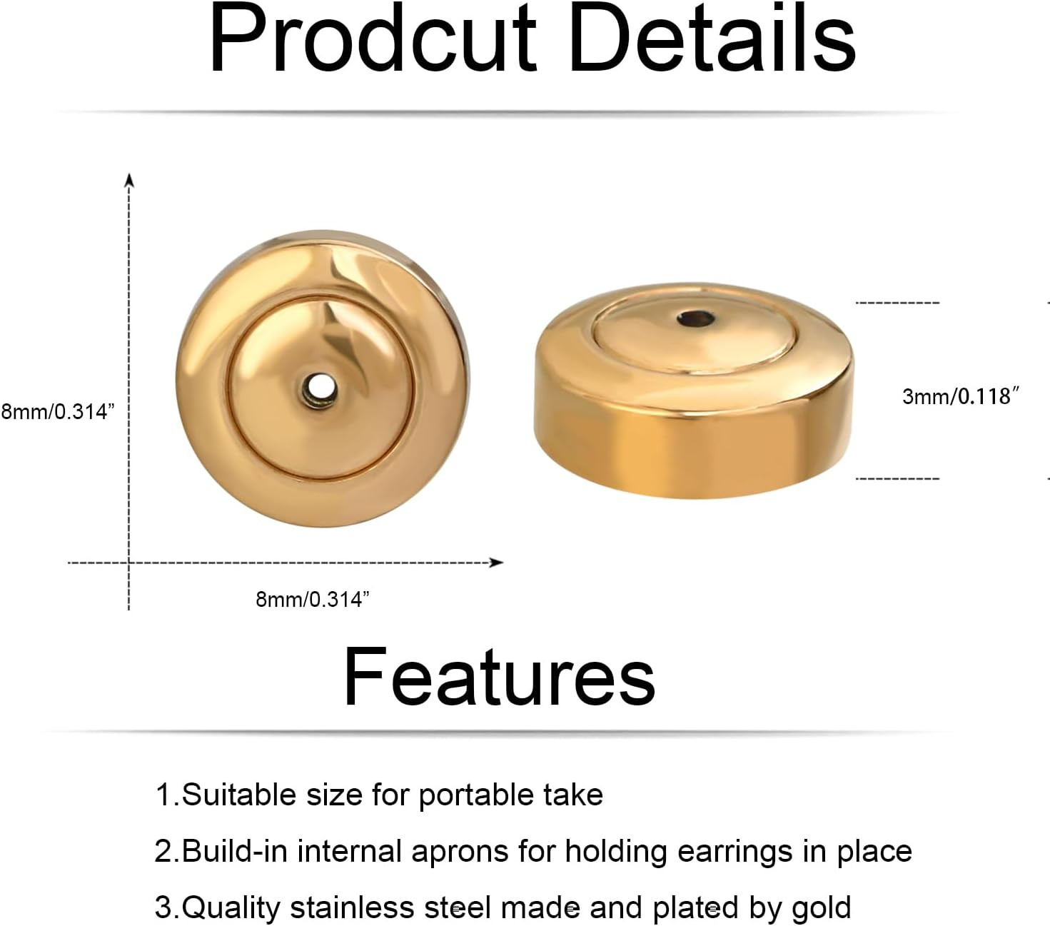 Earring Backs for Studs, 4PCS Large Heavy Earring Support Backs in Gold