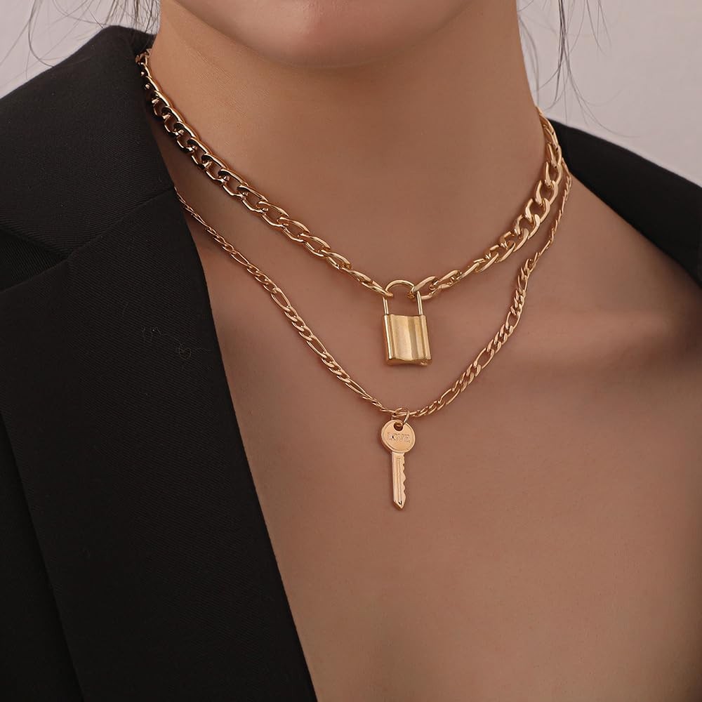 Boho Fashion Layered Necklace Prom Shinny Gold Chunky Key Lock Pendant Choker Ne