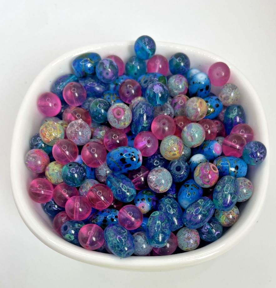 Glass Bead “Pink Blue Skies” Mix Rounds Barrels Jewelry Bracelets 120 beads/3oz
