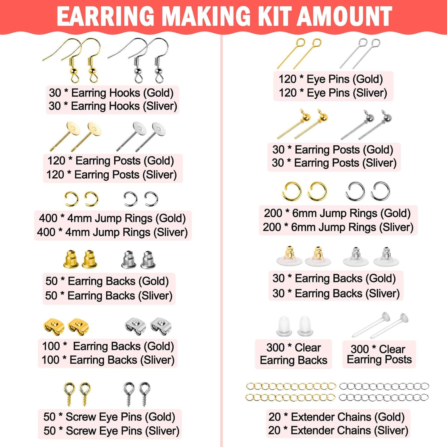 Earring Making Supplies Kit, 2900Pcs Earring Hardware Pieces Repair Parts with