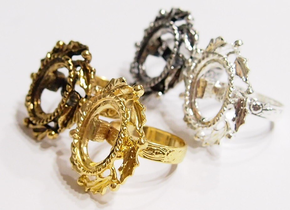 4 Colors of 18x13mm Victorian Art Deco Wreath Leaves Adjustable Ring Settings