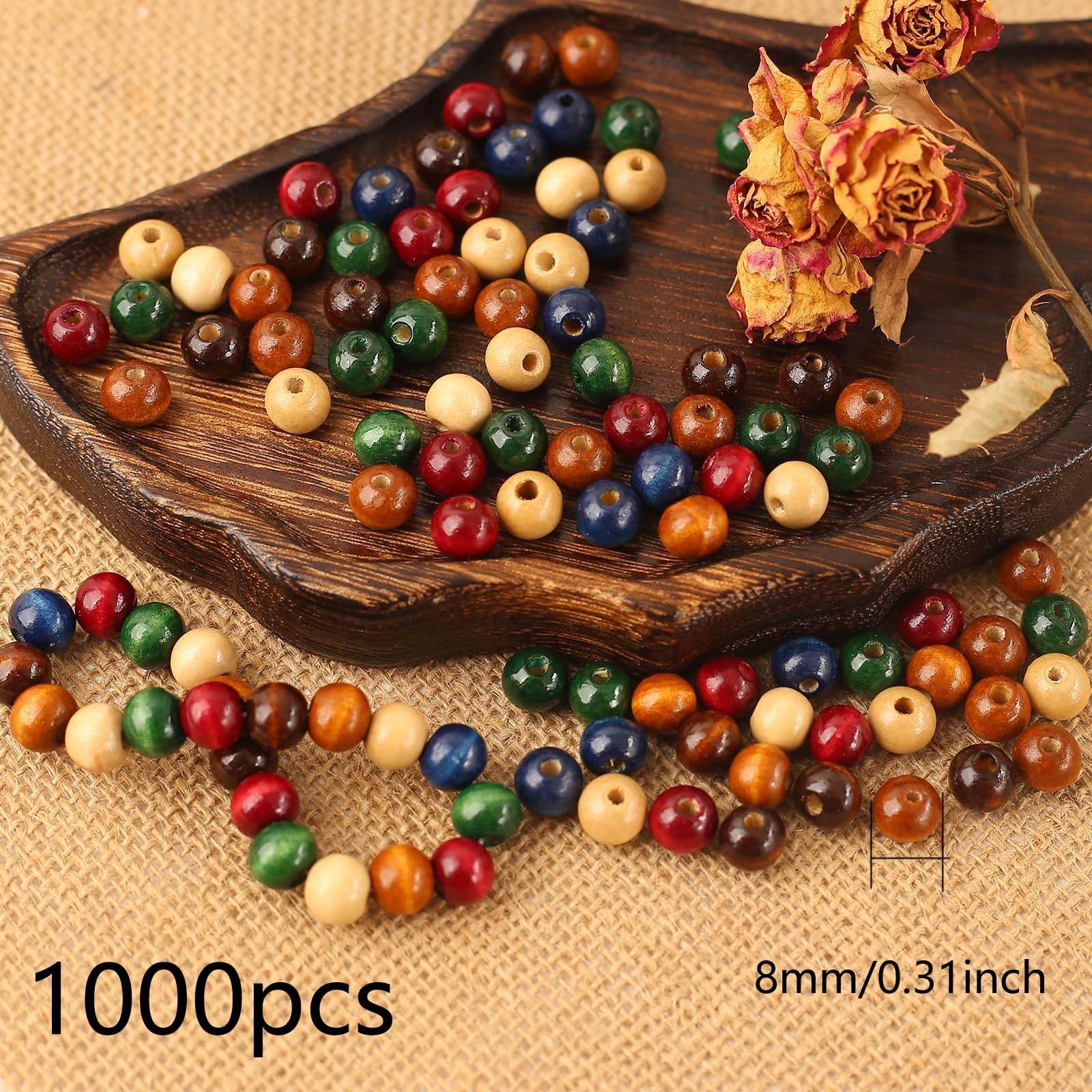 1000PCS Colorful Wooden Beads 8mm Assorted Macrame Spacer Craft Supplies