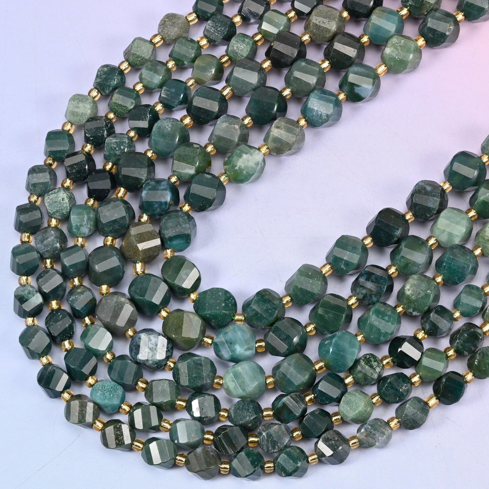 Moss Agate Faceted Spiral Twist Beads: Size 8mm 10mm, Jewelry Making