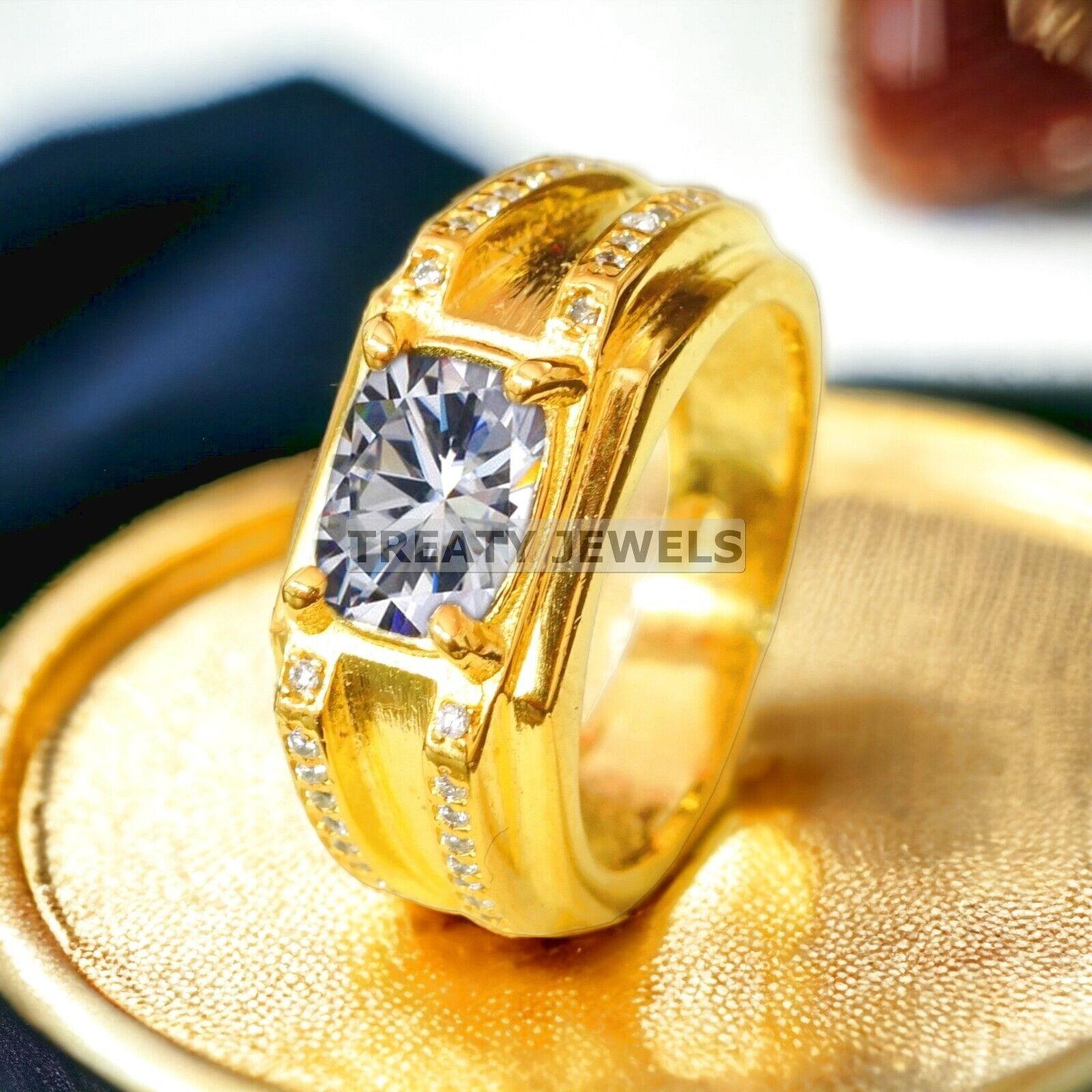 Moissanite Oval Cut With 14k Yellow Gold Ring For Men’s #A436 #