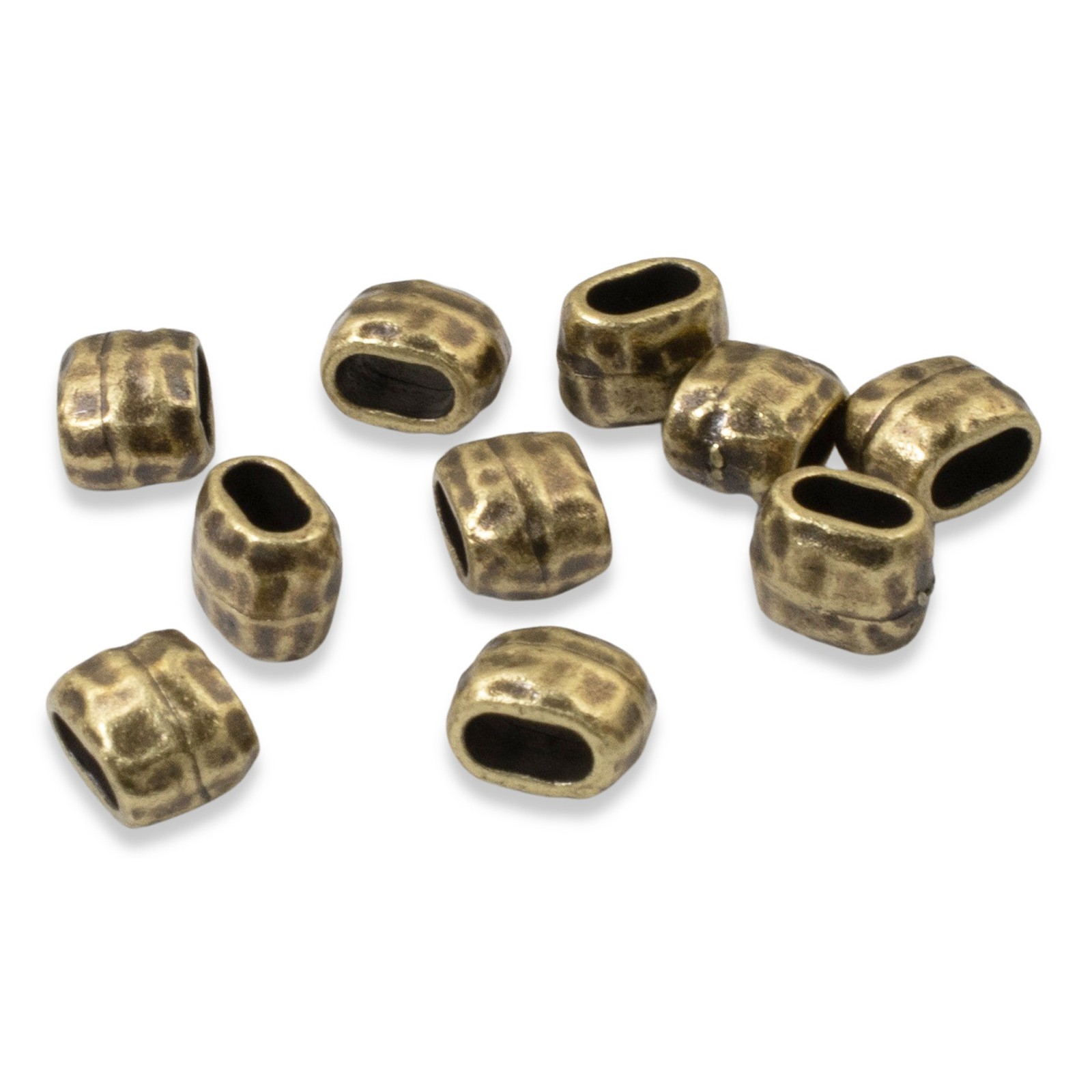 10 Antique Brass Hammered Barrel Leather Crimp Beads, 4x2mm Hole Size