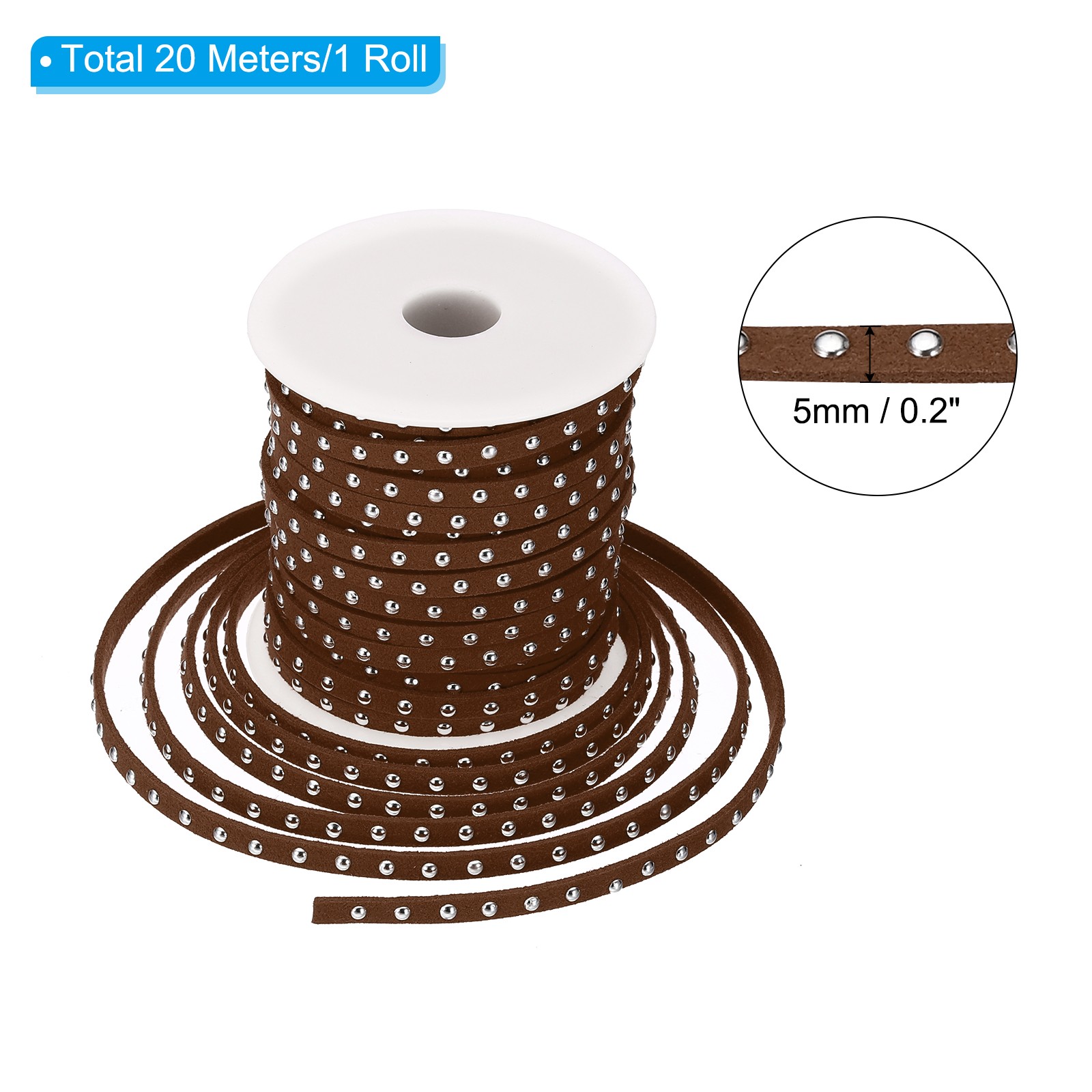 65.6ft Studded Faux Suede Cord Rope 5mm with Rivets Dark Brown Silver