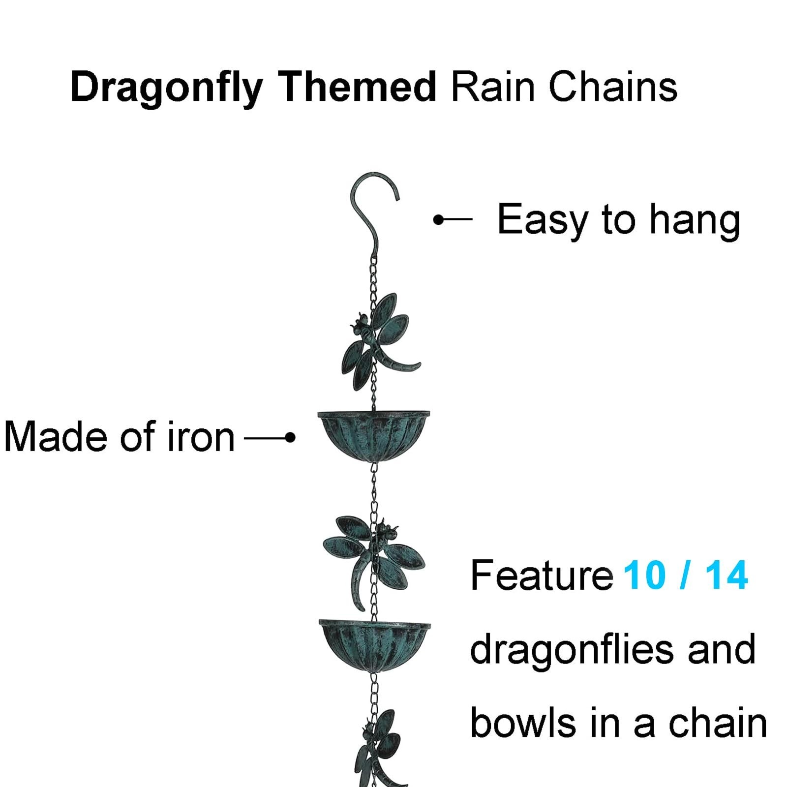 Iron Dragonfly Rain Chain for Gutters, 8.5-Feet Length, Distressed Blue