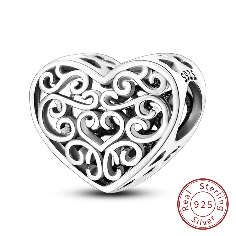 925 Sterling Silver Charm Beads Family Sister Love Heart Pendant DIY Bracelet