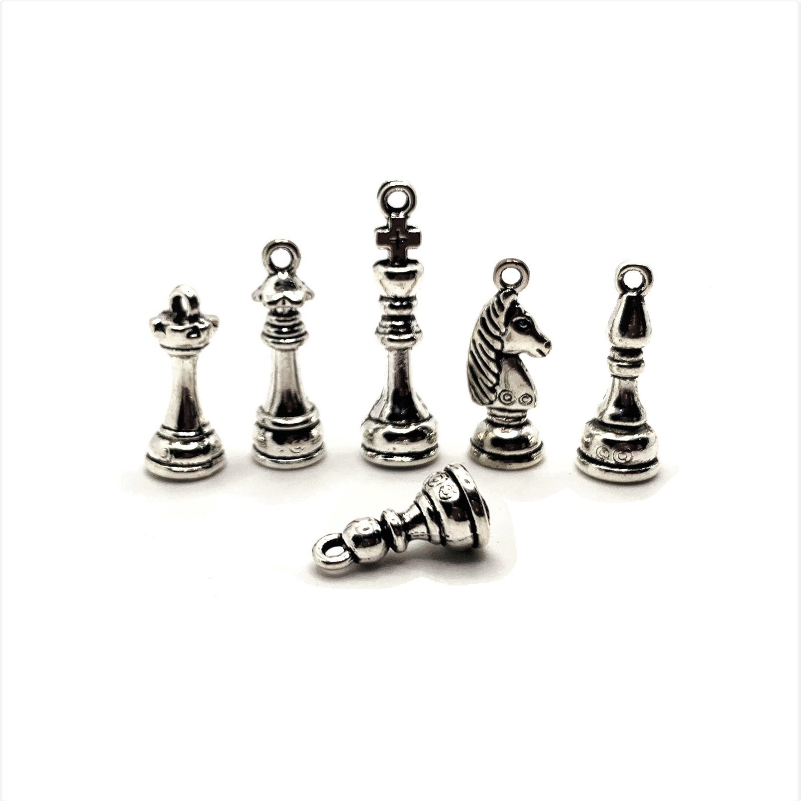 6 Piece Set – Silver Chess Set Piece 3D Charms – US Seller