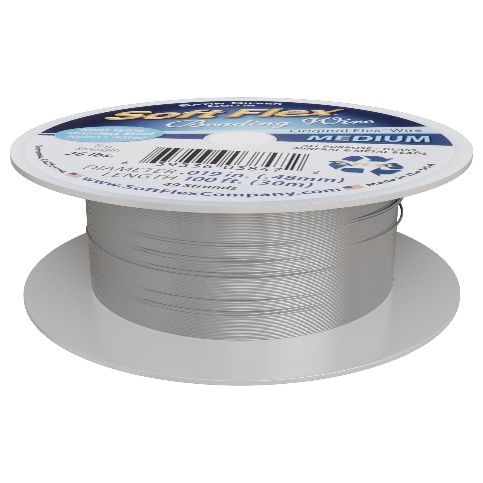 Soft Flex 49 Strand Beading Wire, Medium 0.019 100 Feet, Satin Silver