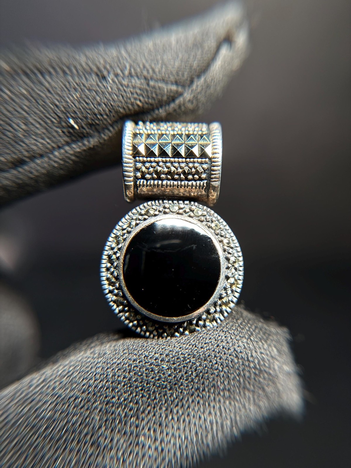 Vintage Thailand 925 Sterling Silver Black Onyx Marcasite Pendant