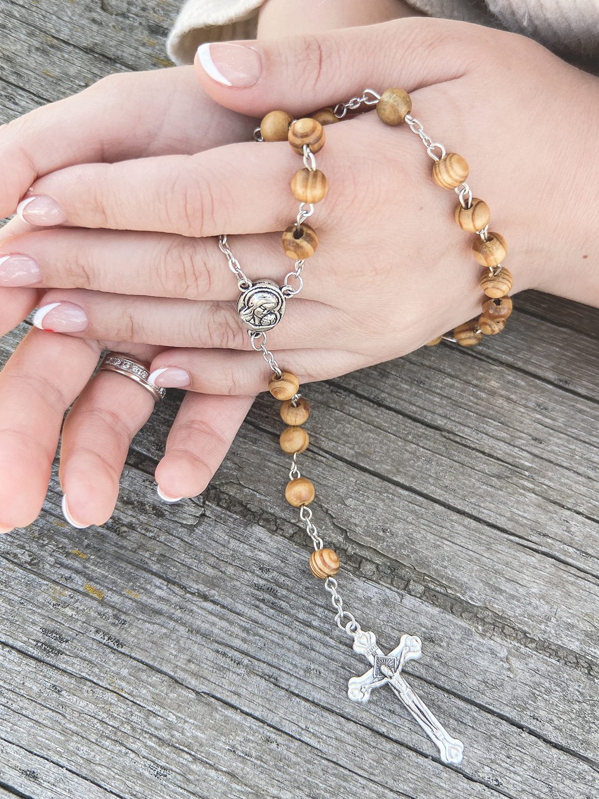 Catholic Rosary Olive Wood Beads Necklace Holy Soil Metal Cross Gift Bag