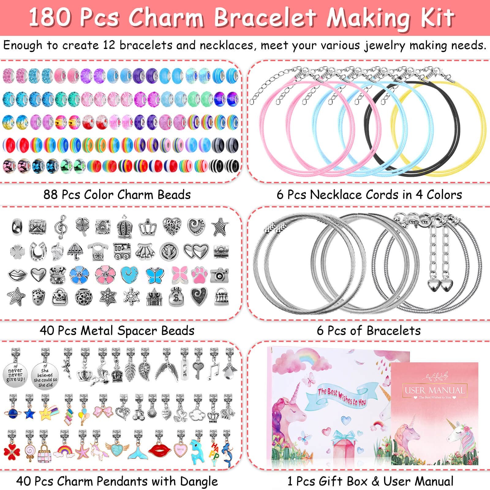 180 Pcs Charm Bracelet Making Kit for Girls, Unicorn Mermaid Multicolor