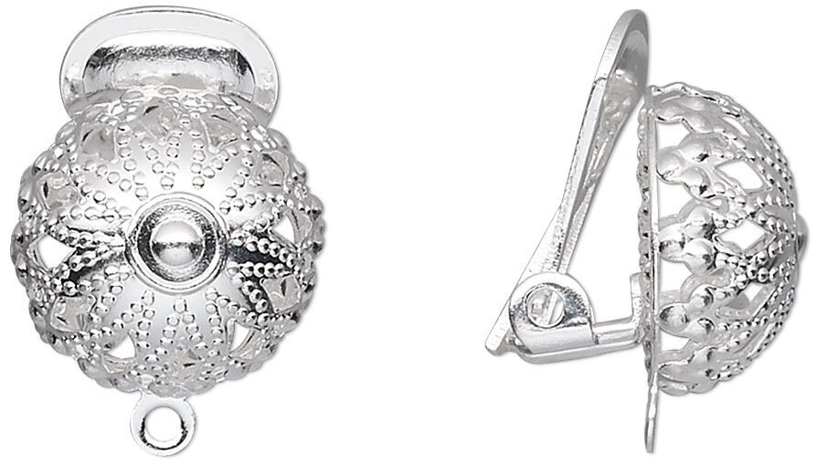 Earring, Clip On, 10 Silver Plated Brass 15x12mm Filigree Dome with Closed Loop