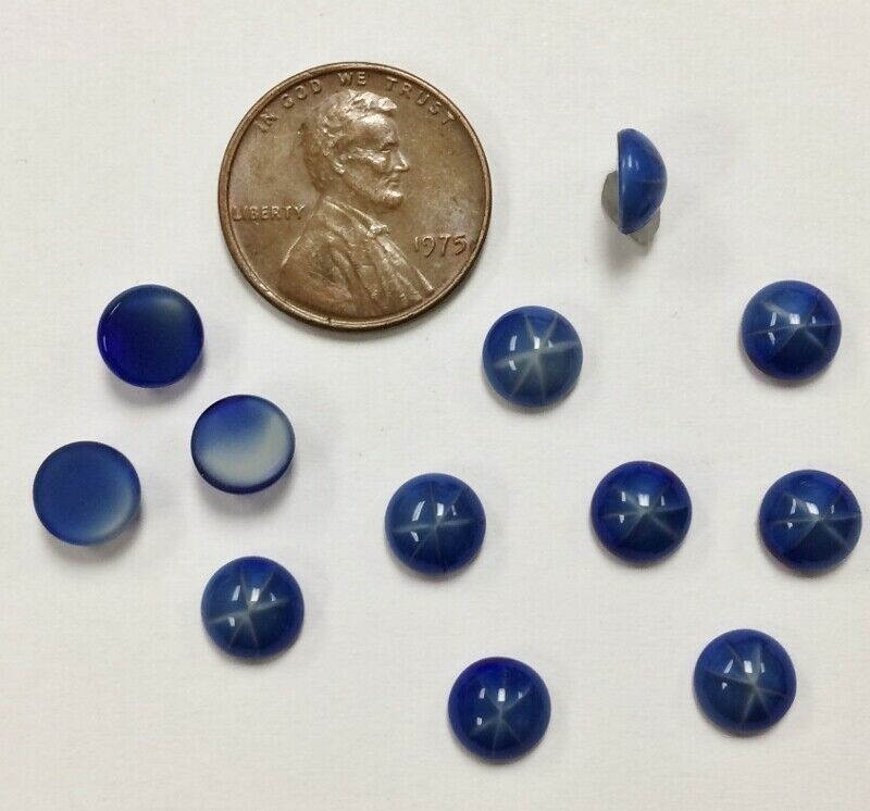 12 VINTAGE COBALT BLUE STAR SAPPHIRE GLASS 7mm. ROUND SMOOTH DOMED CABOCHON E463