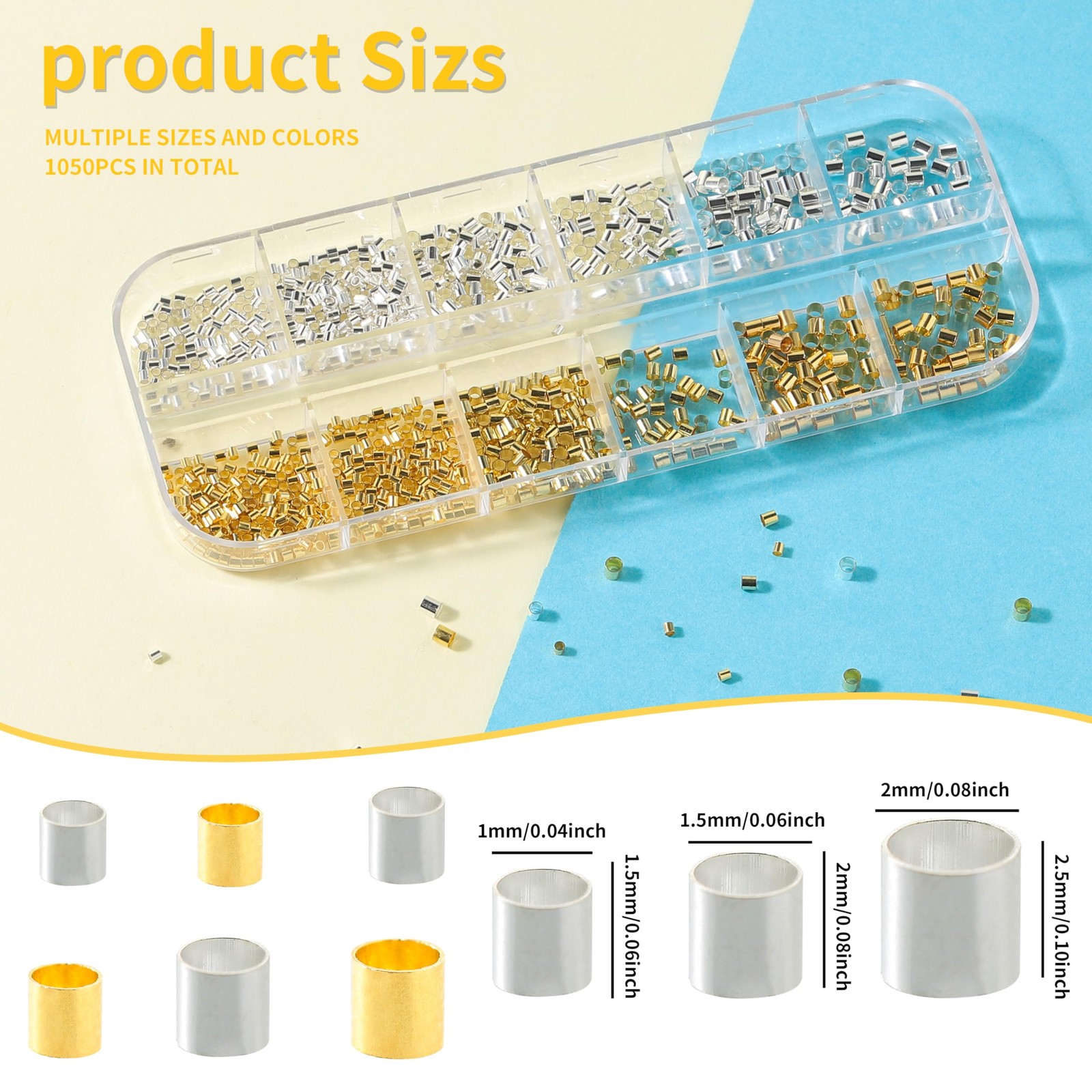 Hudinsun 1050 Pcs Silver and Gold Crimp 1.5mm 2mm 2.5mm, silver gold