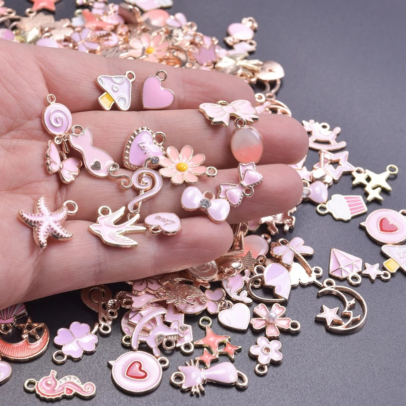 50Pcs Mixed Pink Drip Oil Charms Animal Heart Flower Pendants DIY Craft