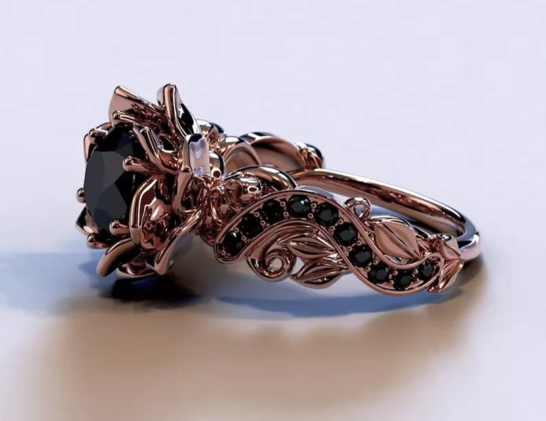 Rose Gold Plated Lotus Black Stone Ring Gothic Floral Engagement Ring for Women