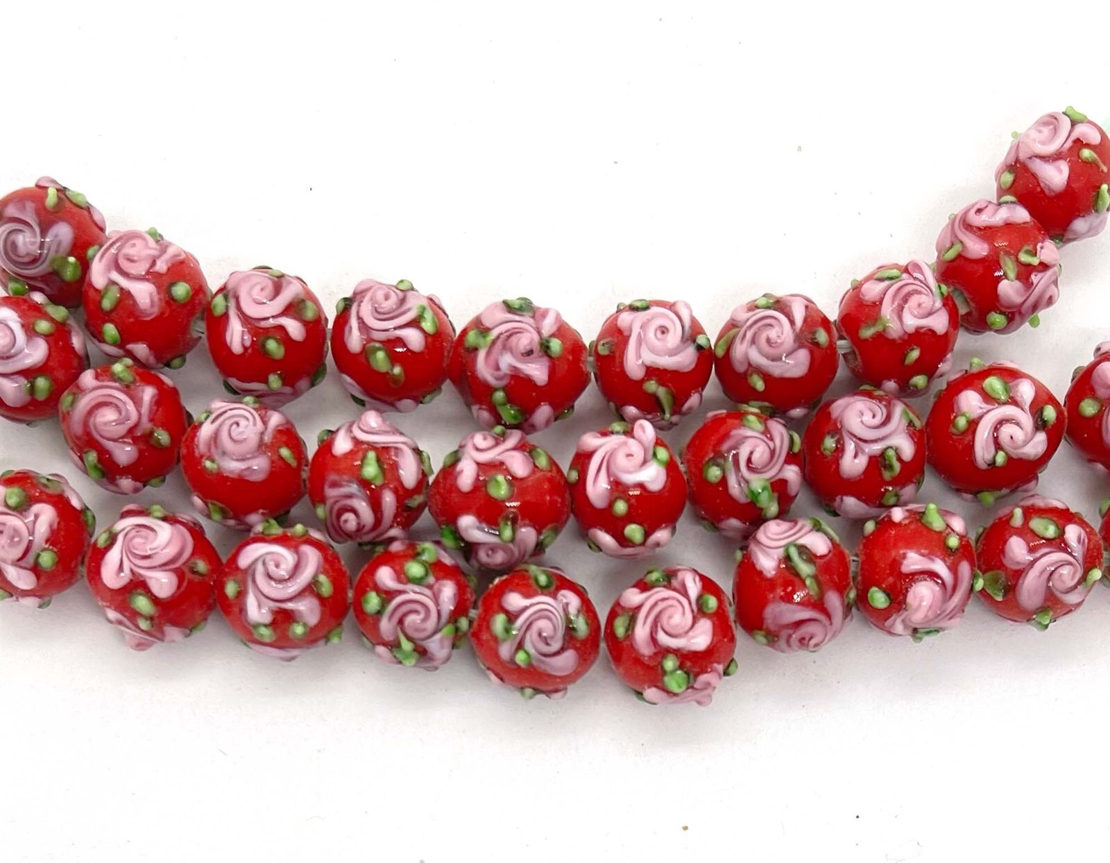 6 Lampwork Handmade Glass Red pink Primrose Flower 12mm Round Beads