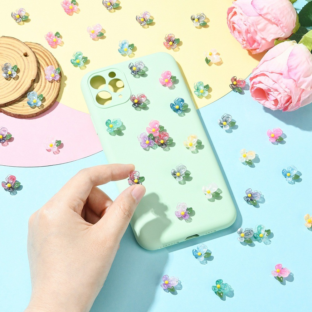100pcs Transparent Resin Flower Cabochons with Glitter Powder for Crafts Phone