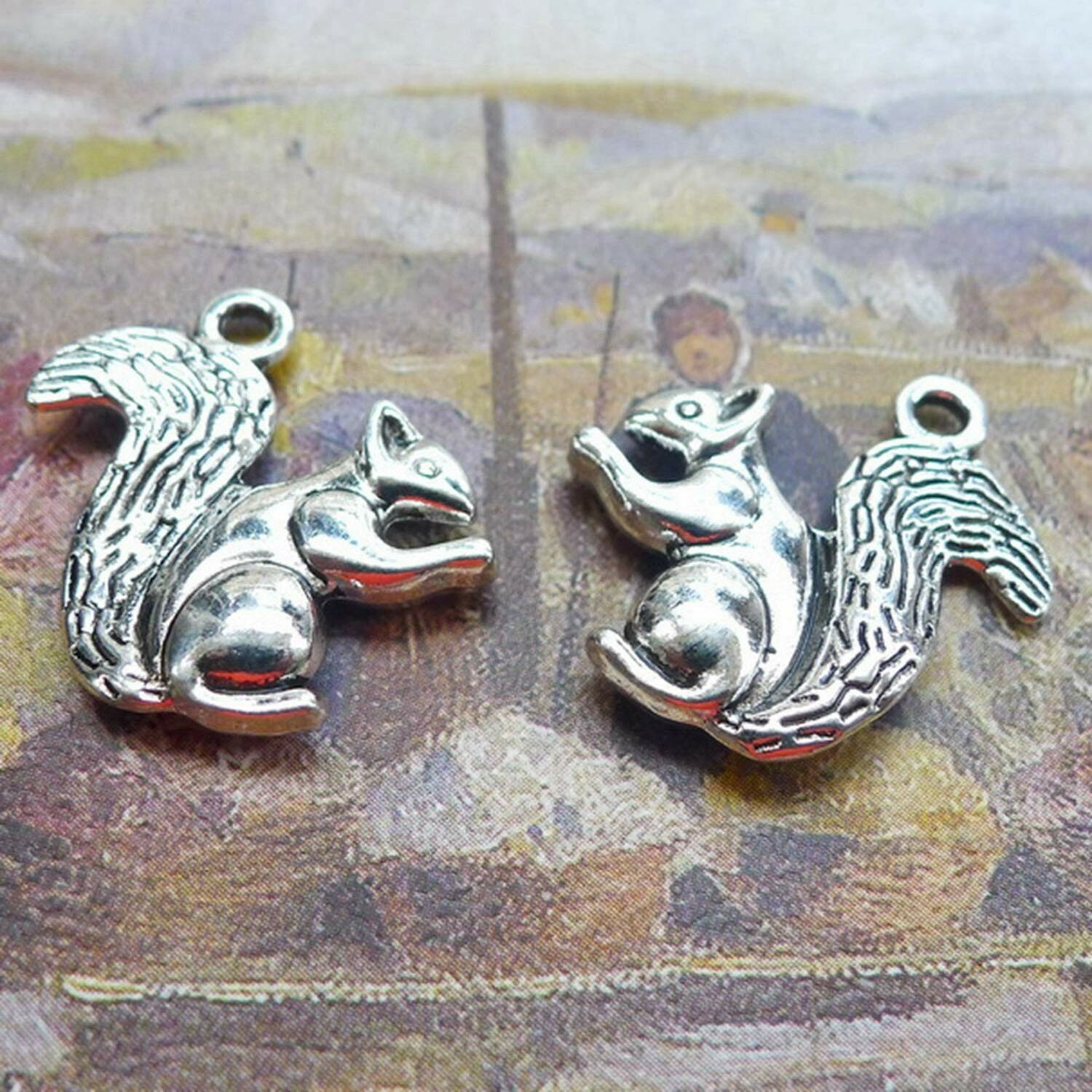2 Squirrel Charms Antiqued Silver Animal Pendants 2 Sided Wildlife Rodent