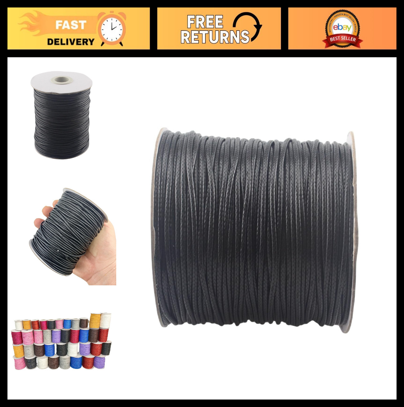 Waxed Polyester Beading Cord 2.0mm 100 Yards – Black Jewelry Making String for D