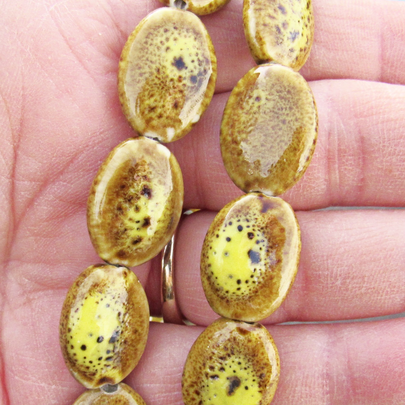 18mm Golden Flat Oval Porcelain Beads, Full Strand, Dark Brown, Yellow Tones