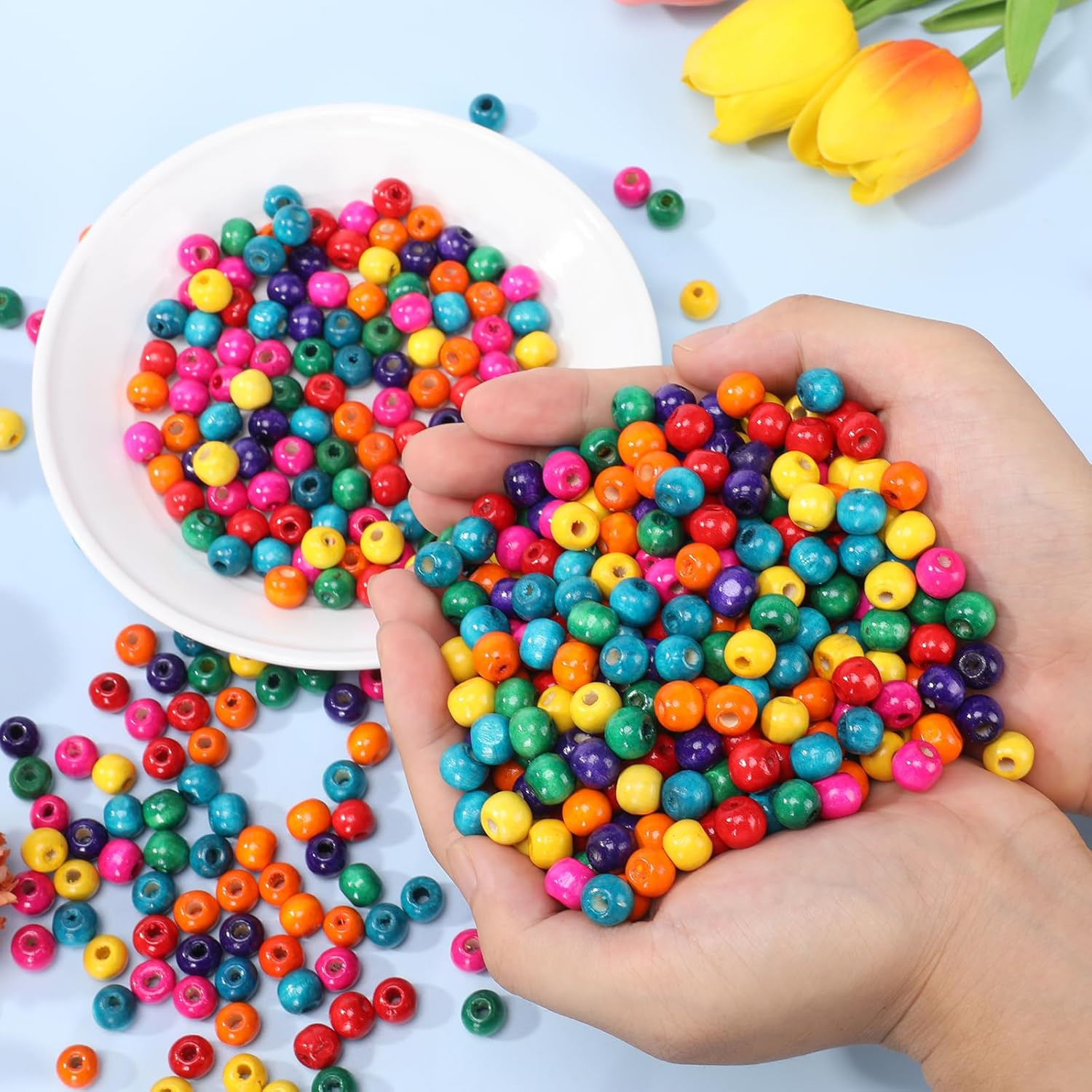 1050Pcs Colored Wooden Beads, Large Hole round Natural Wood Beads Bulk for Je…
