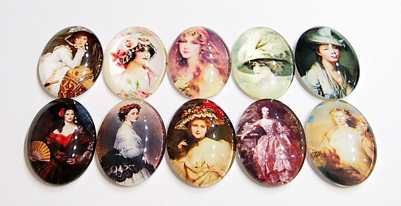 10 Vibrant Colors of 40x30mm Glass Vintage Victorian Art Deco Women Cameos Nice