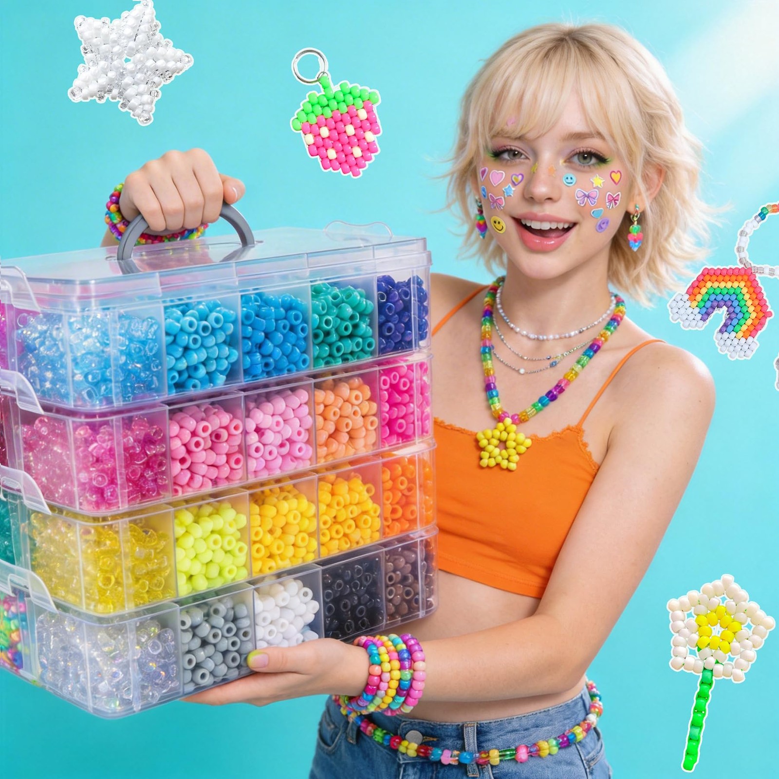 14000Pcs Pony Beads Kit, 40 Colors Rainbow Rave Kandi Beads for Bracelets wit…