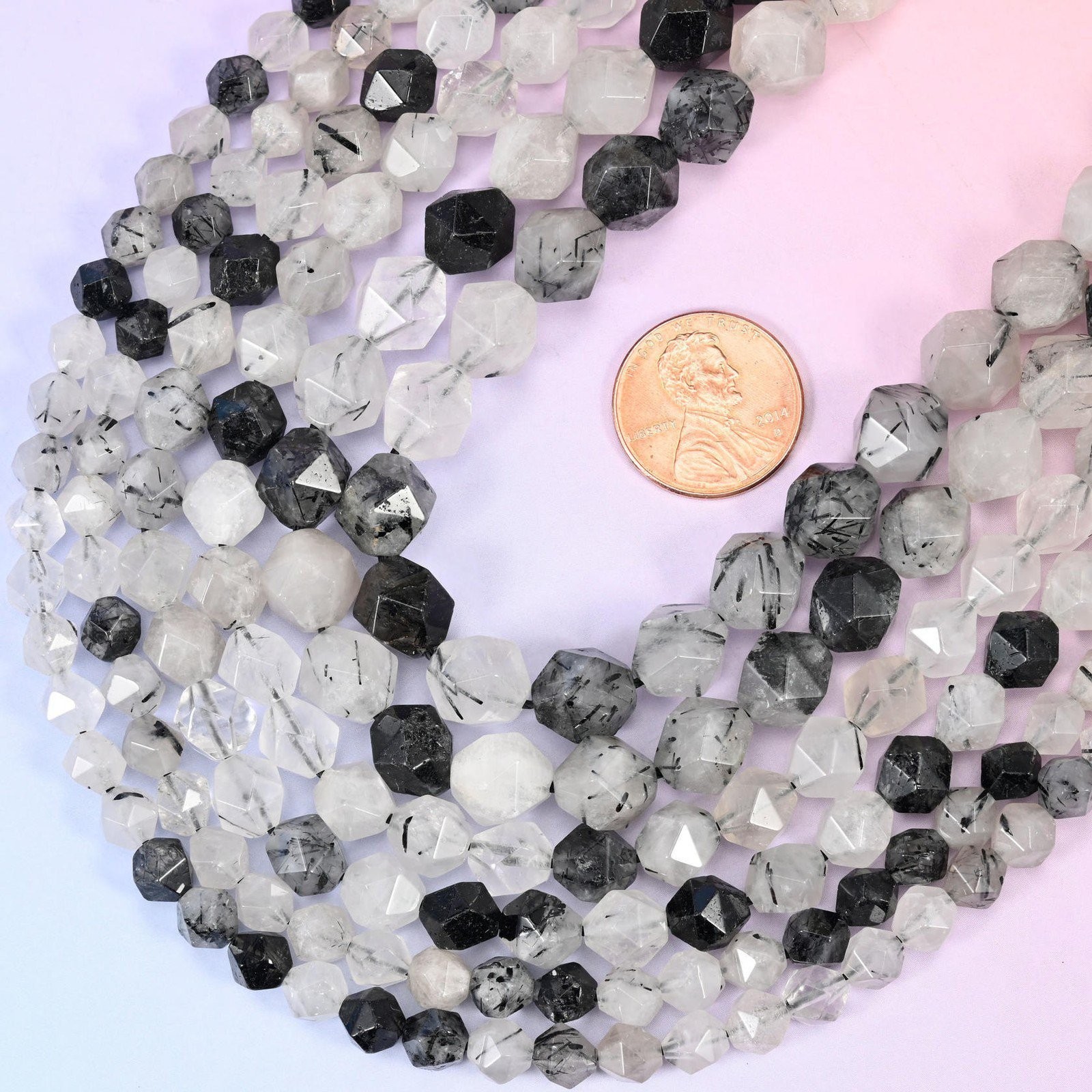 Black Rutilated Quartz Diamond Star Cut Beads 6mm 8mm 10mm 15.5 Inch Strand