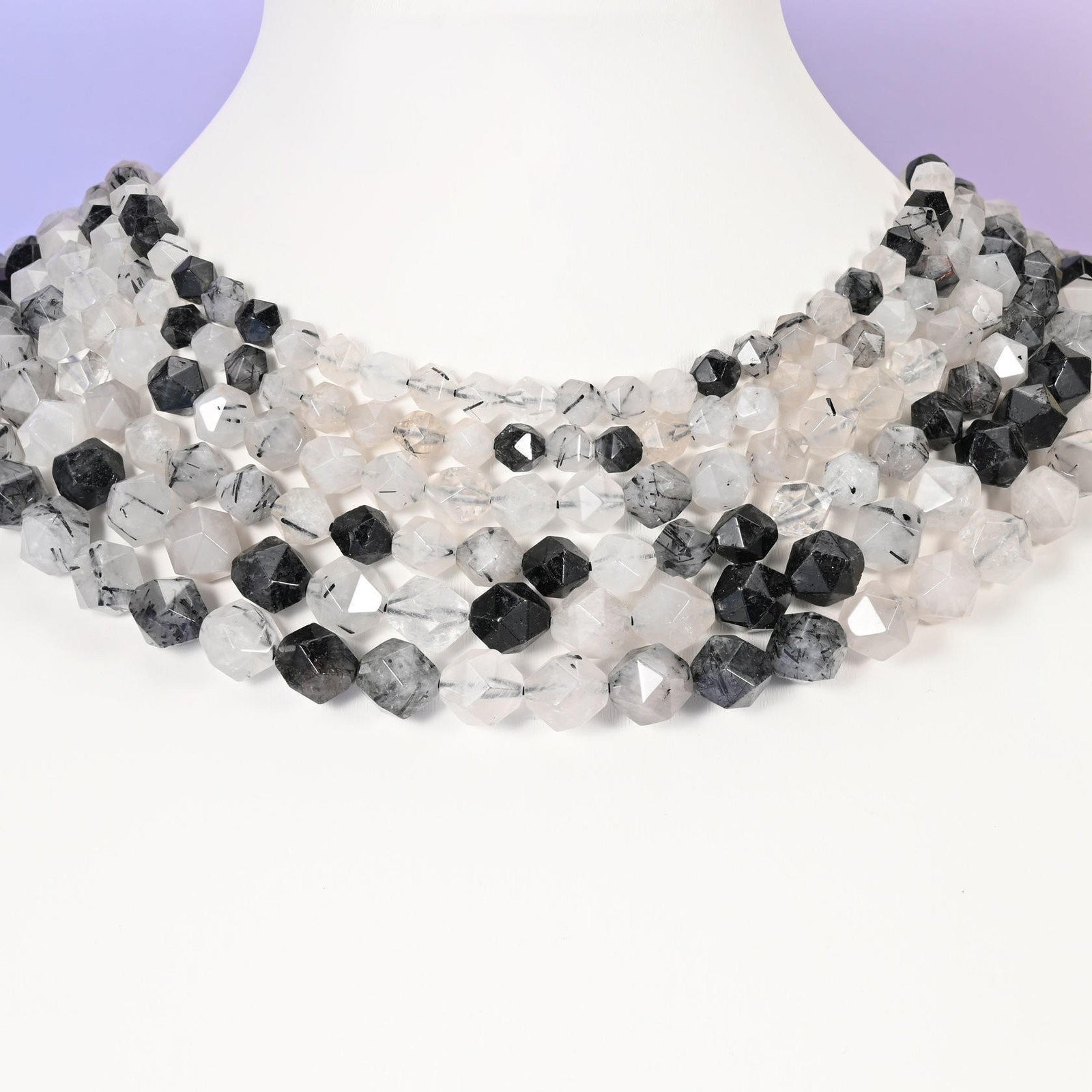 Black Rutilated Quartz Diamond Star Cut Beads 6mm 8mm 10mm 15.5 Inch Strand
