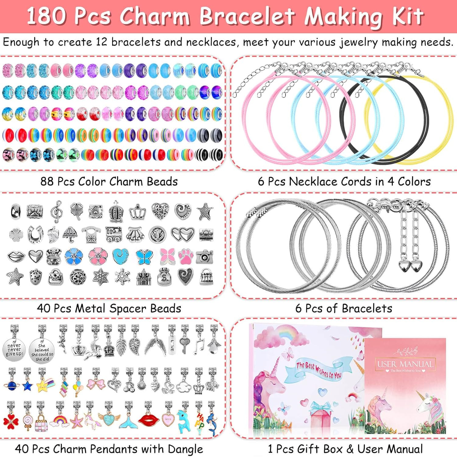 180 Pcs Unicorn Mermaid Crafts Charm Bracelet Kit for Girls – DIY Jewelry Makin