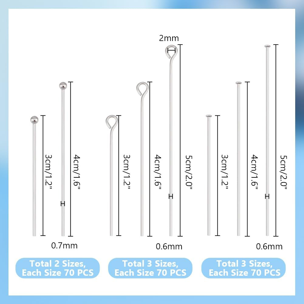 PH Pandahall 560Pcs 8 Styles 304 Stainless Steel Eye Pins 30Mm 40Mm 50Mm Head Pi