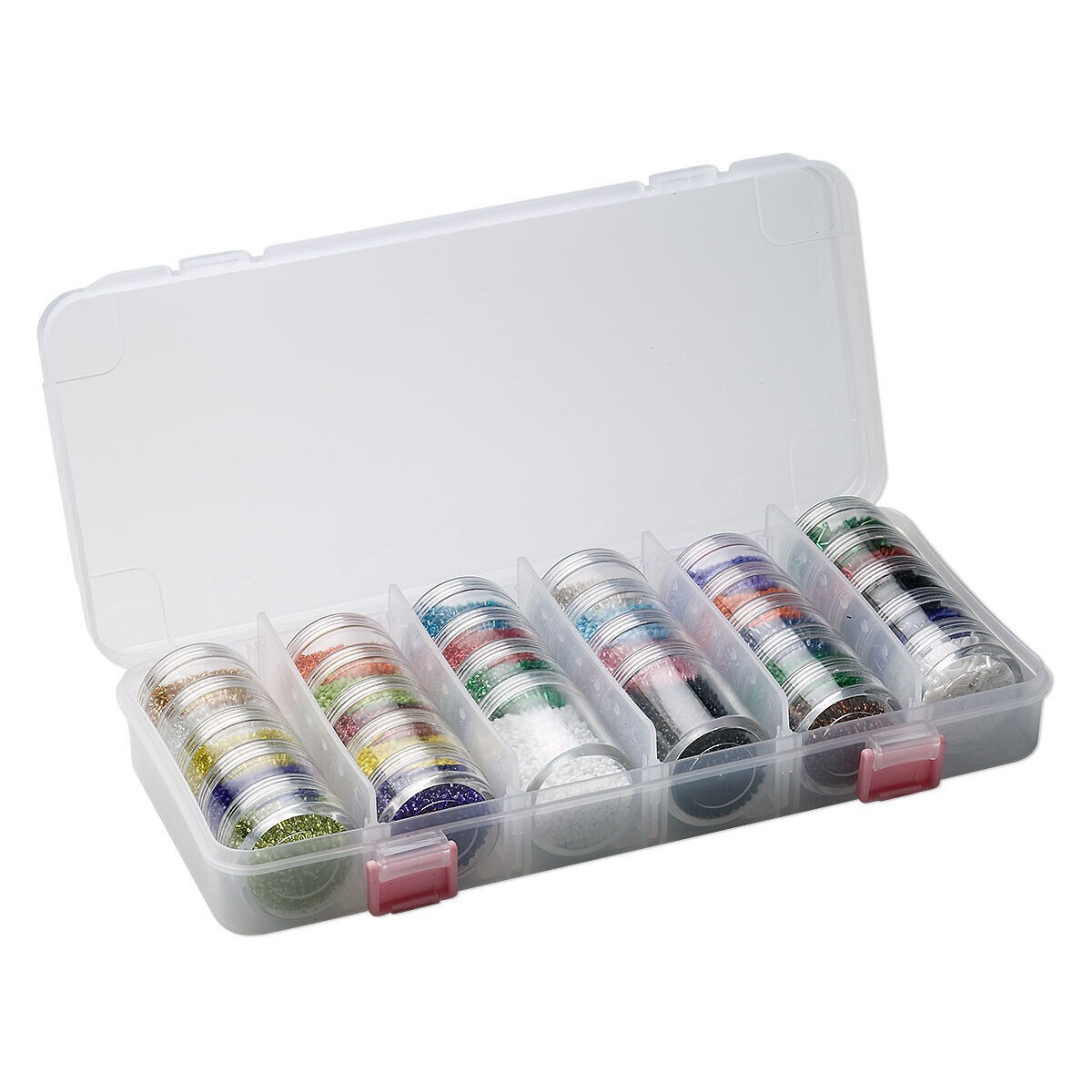 Seed bead starter set, clear plastic case with multicolored beads, 10-3/4 x 5 x