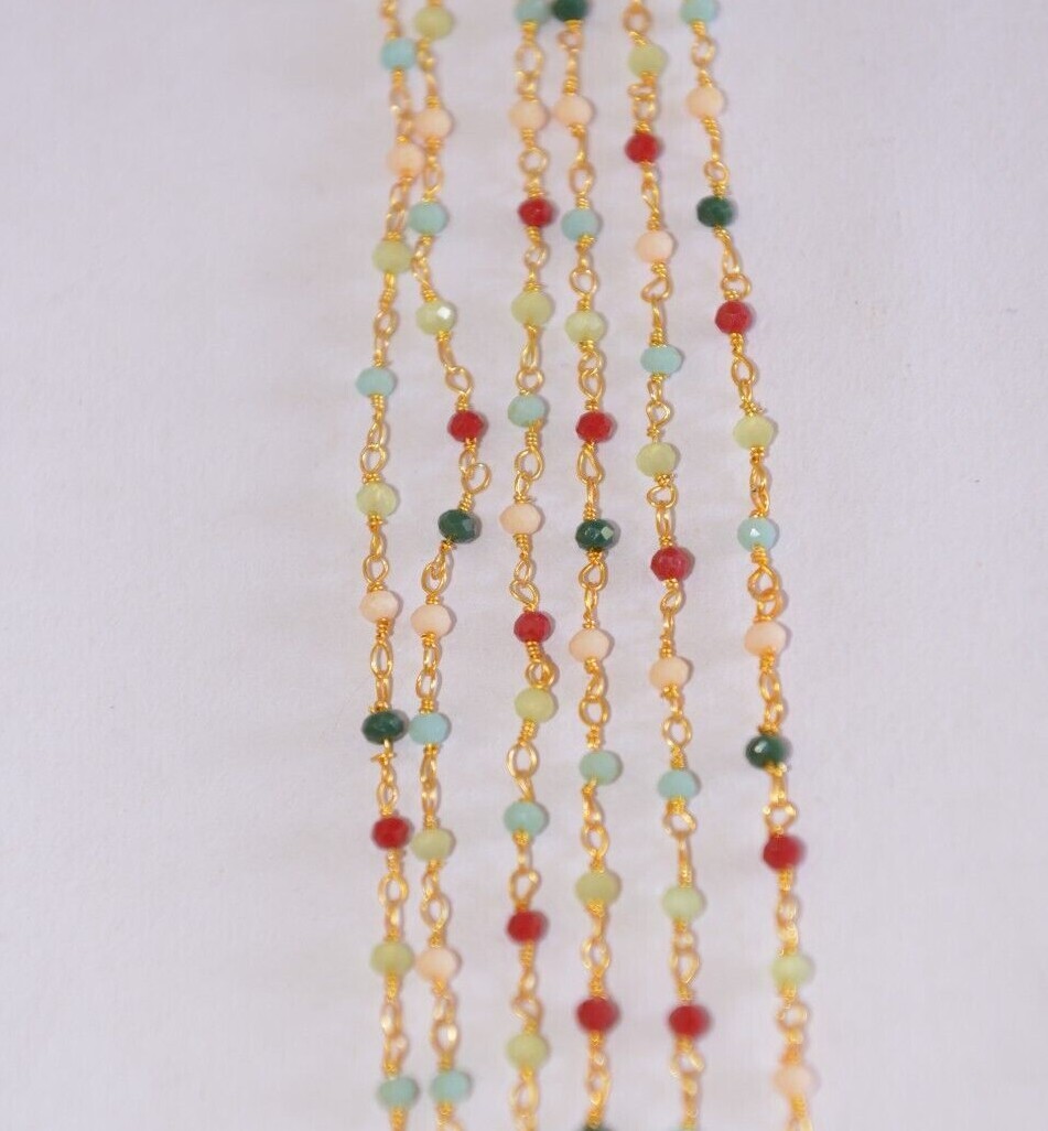 multi glass beads beaded rosary chain, Gold plated jewelry making bulk chain