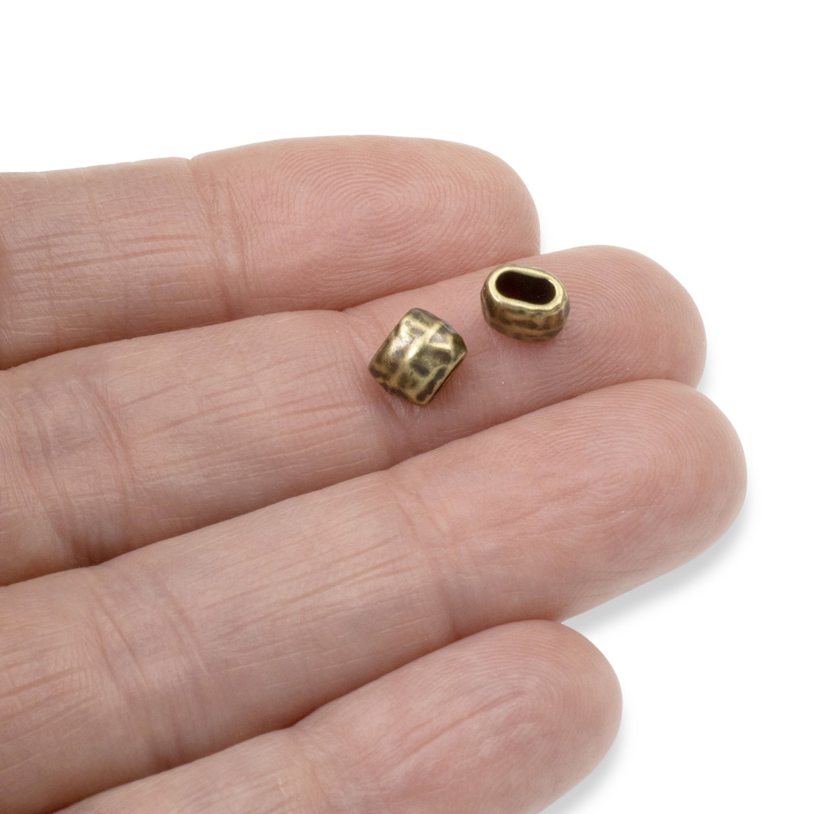 10 Antique Brass Hammered Barrel Leather Crimp Beads, 4x2mm Hole Size