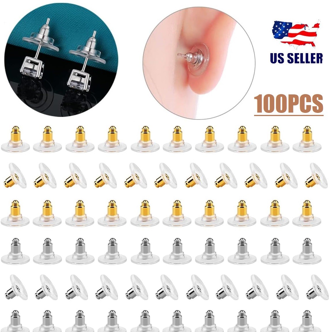 100Pcs Fishhook Earring Backs Silver Gold Bullet Clutch Backs for Pierced Earrin