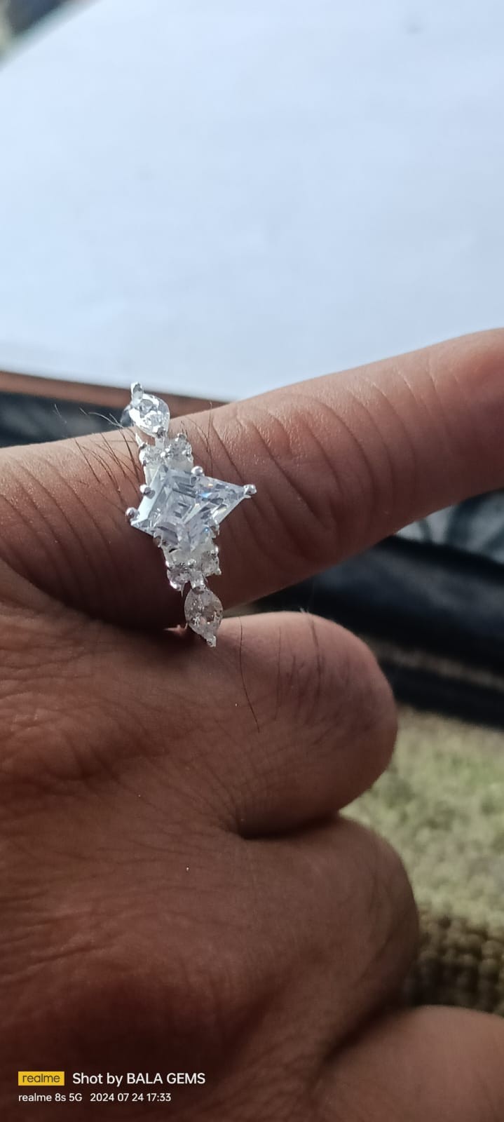 Unique Kite Cut Moissanite Engagement Ring, Art Deco White Gold Cluster Ring