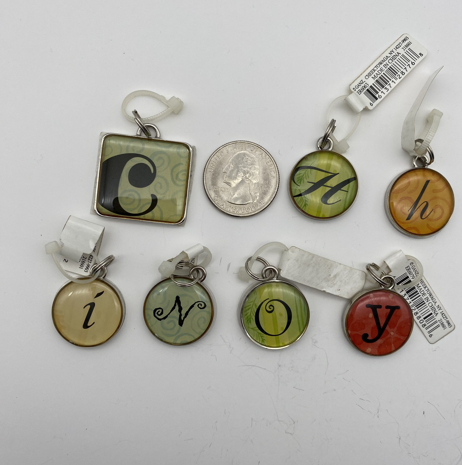 Lot of 7 Ganz Script Initial Silver Tone Pendant / Charm – New