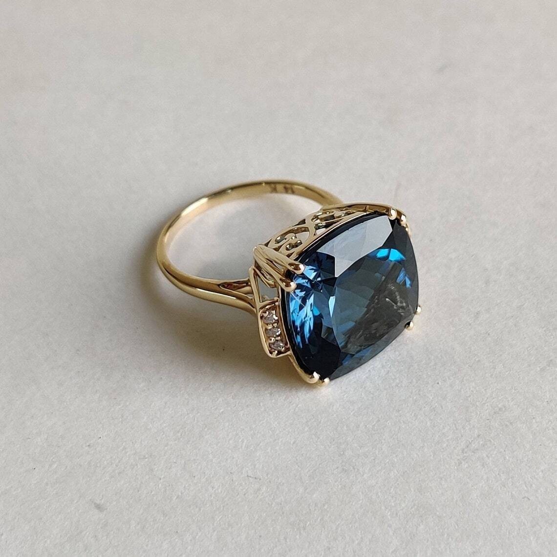 Cushion Cut London Blue Topaz Art Deco Wedding Ring 14k gold plated Silver