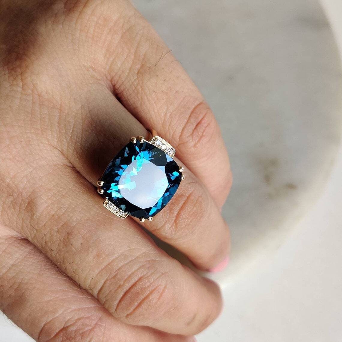 Cushion Cut London Blue Topaz Art Deco Wedding Ring 14k gold plated Silver