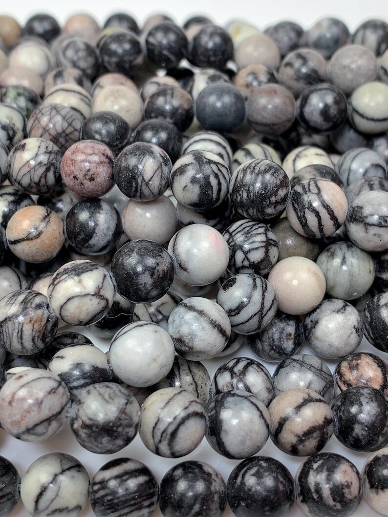 Natural Black Spider Web Stripes Jasper Smooth Round Beads 15.5″ Strand Gemstone
